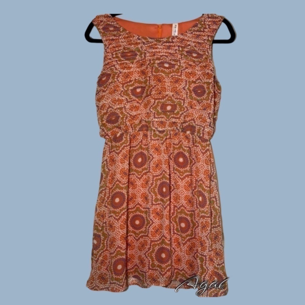 Pink Owl Orange Sleeveless Dress with Circle Pattern